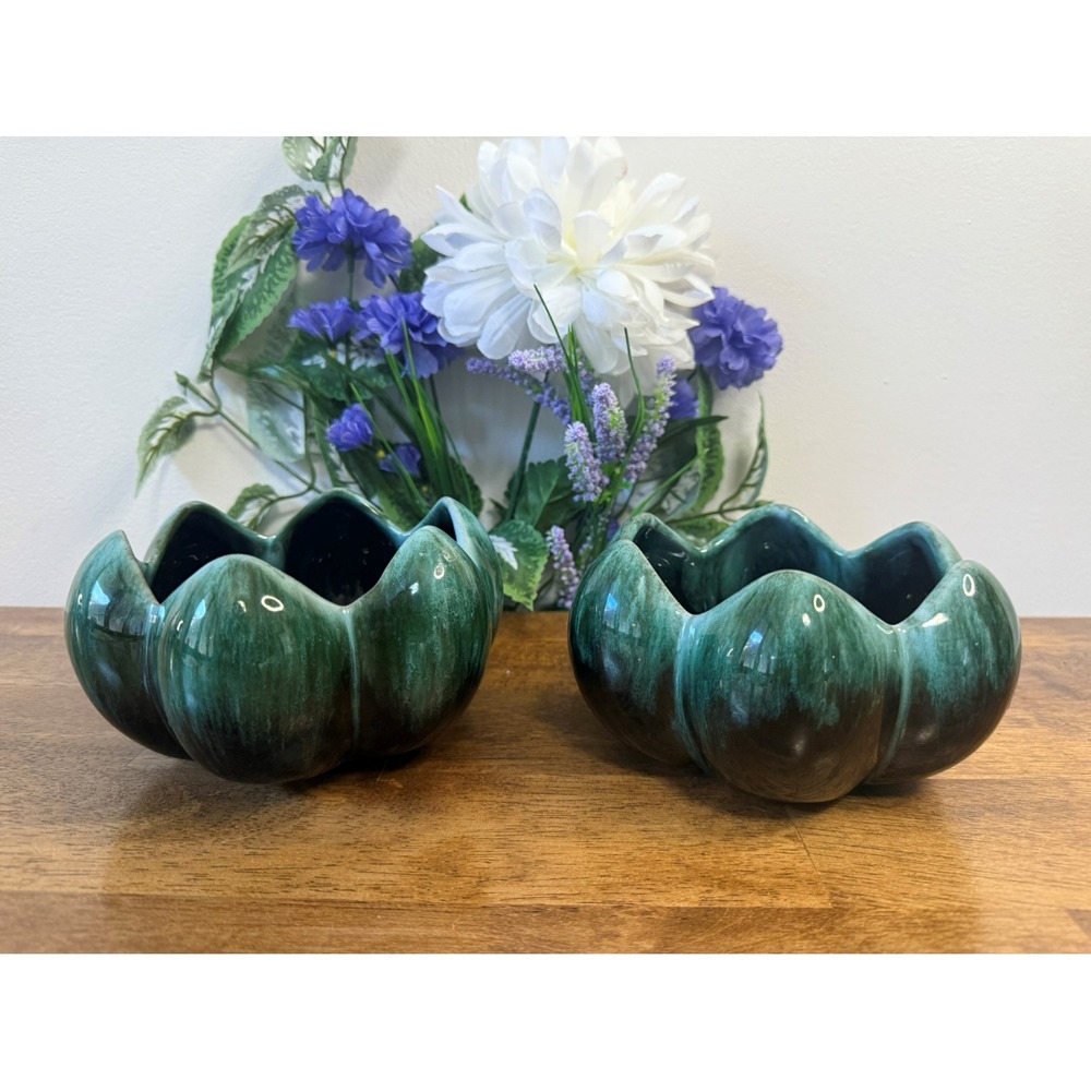 Pair of Blue Mountain Pottery‎ Green Drip Glaze Bowls Vintage Canadian Planters